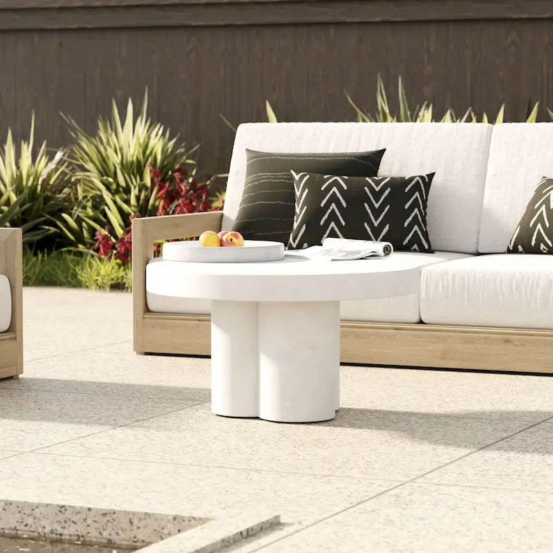 Round White Concrete Top Coffee Table, Abstract 3-Leg Base, Seats 2