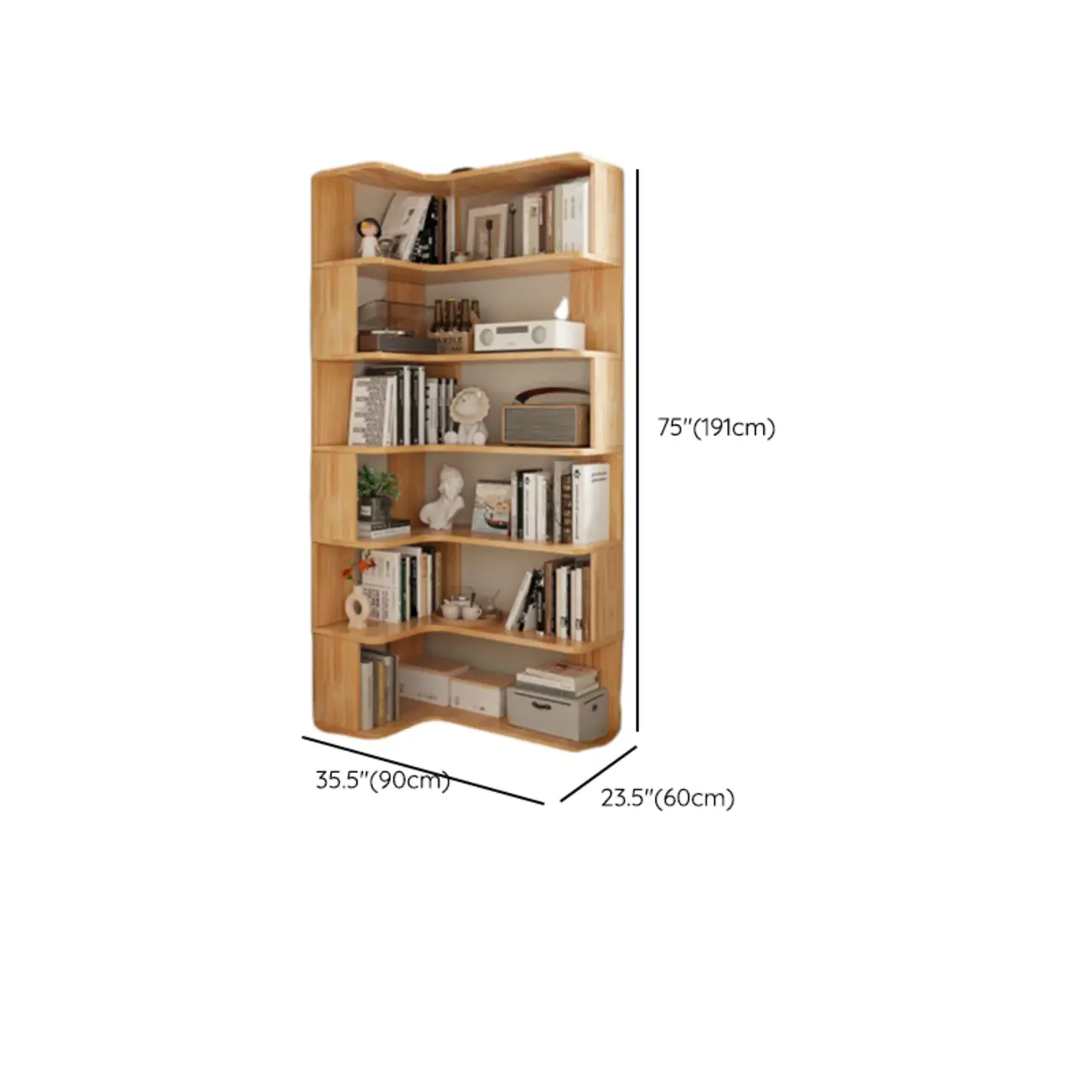 Natural Finish L-Shaped Vertical Wood Open Back Bookcase