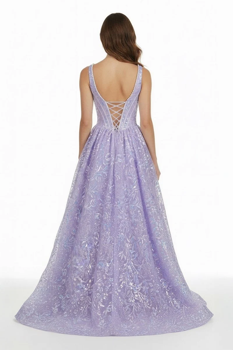 Lilac Square Neck A Line Sequined Long Formal Prom Dresses With Pearls