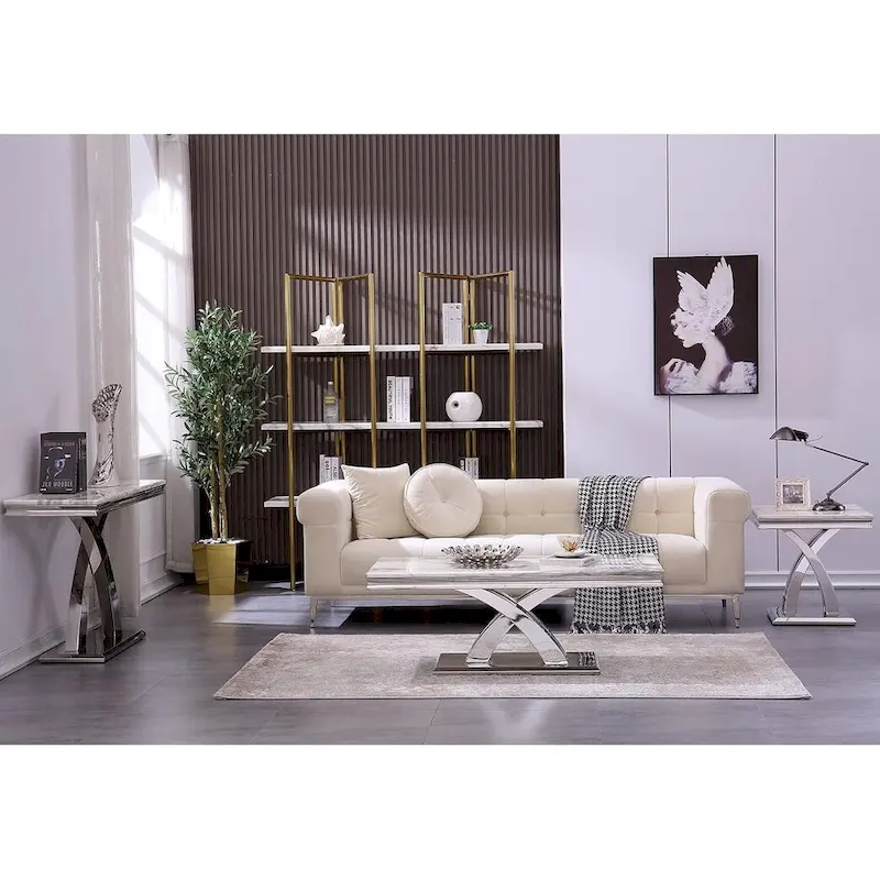 Modern Metal End Table with Square Gloss Top and X-Cross Base