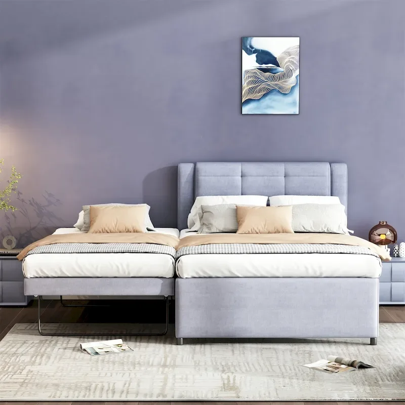 Grey / Beige Full Size Platform Bed with Trundle, Flat or Raised, 2-Person