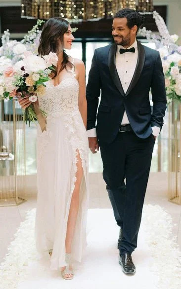 Spaghetti A-Line Lace Bohemian Wedding Dress With Open Back And Split Front