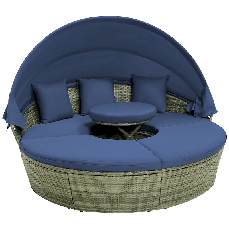 Patio Rattan Daybed Outdoor Sectional Seating with Side Table & Canopy