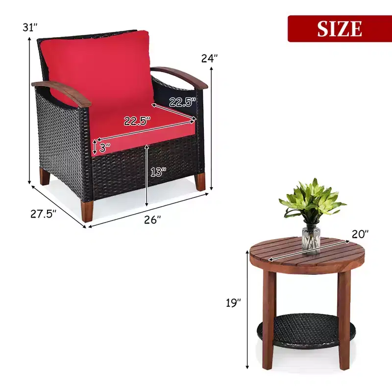 Costway 3PCS Patio Rattan Furniture Set Wooden Frame Cushion Table Shelf Red\Beige\Blue