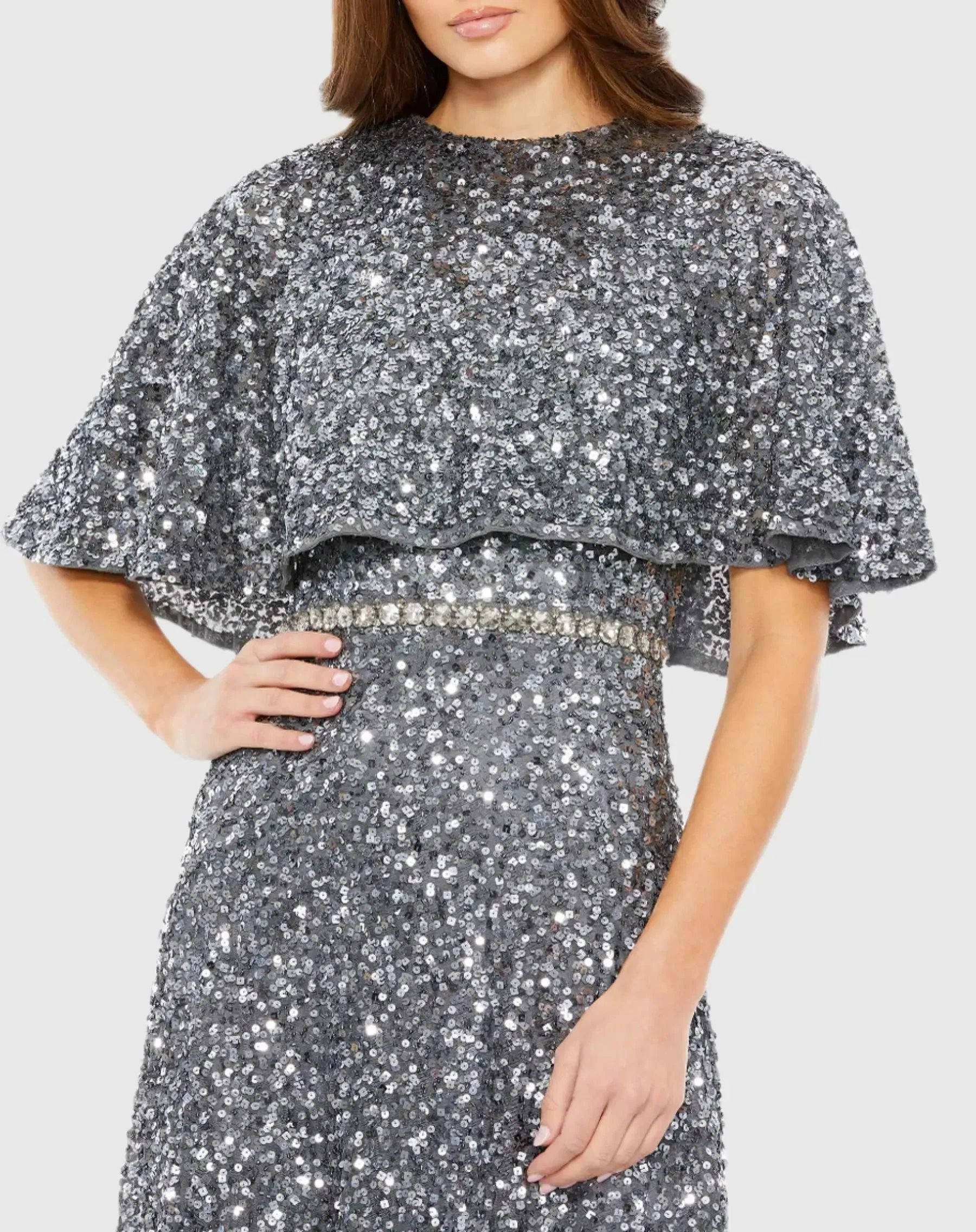 Gray Embellished Cape High Neck Midi Dress