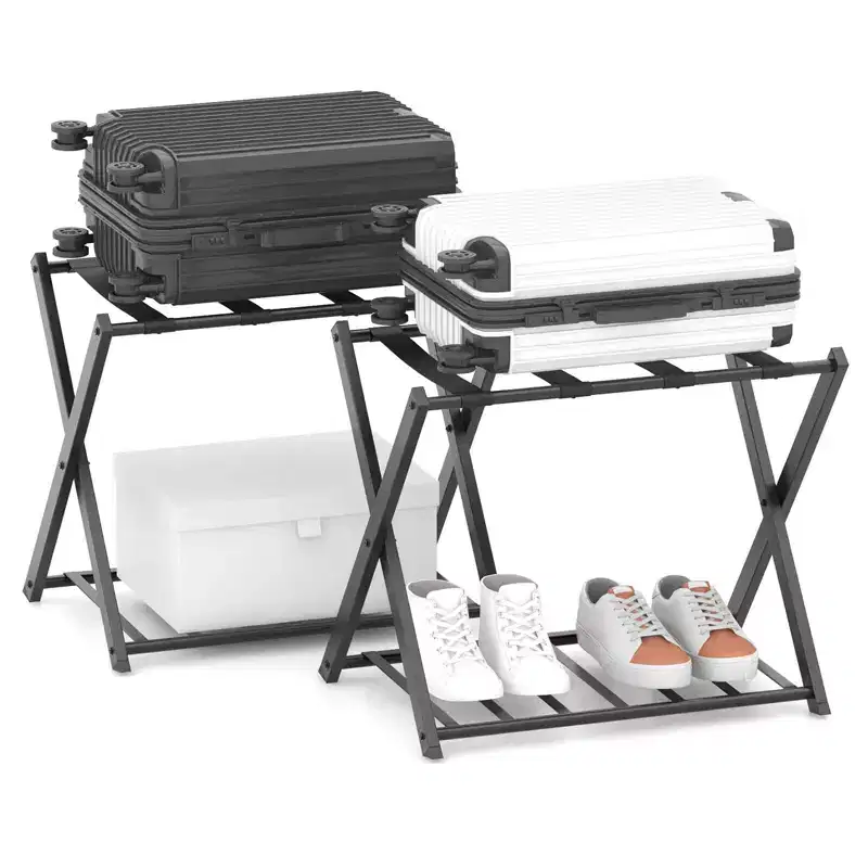 Costway Set of 2 Folding Metal Luggage Rack Suitcase Shoe Holder Hotel Guestroom w/Shelf