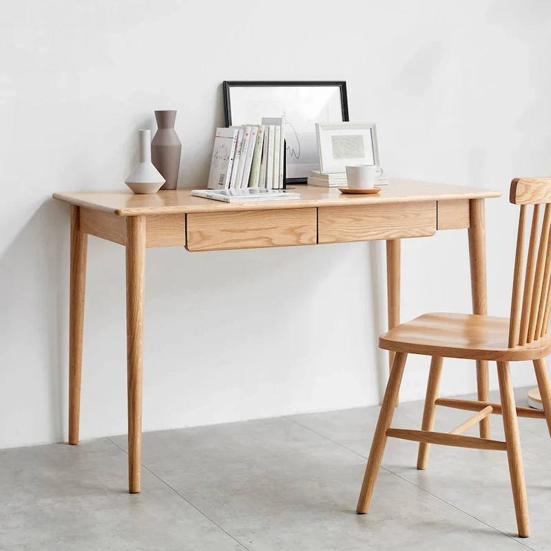 Solid Wood Computer Study Desk with Drawer and Cable Management
