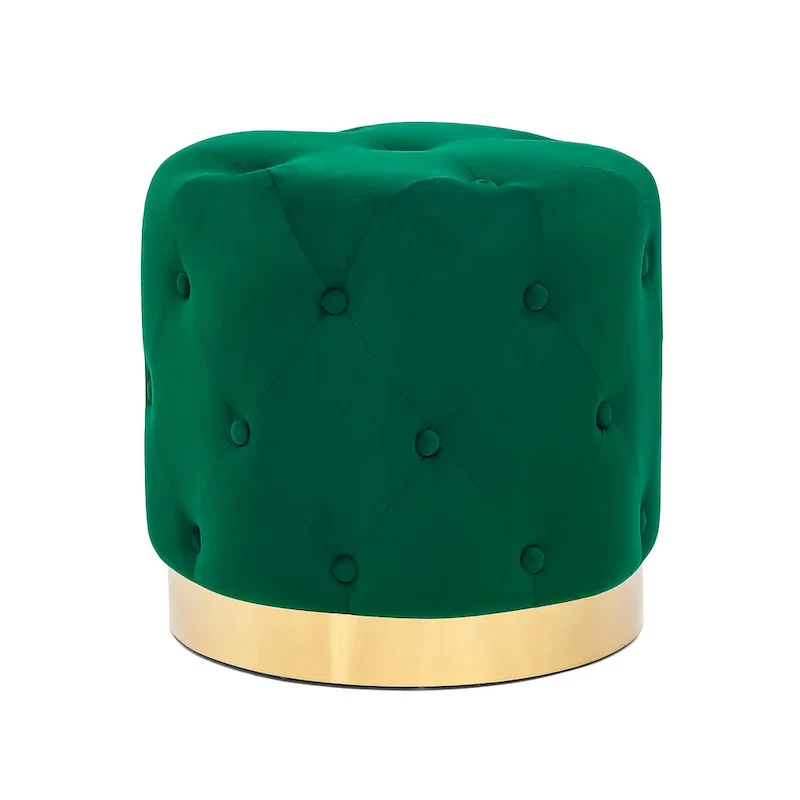 Adeco Round Velvet Ottoman Vanity Footrest Stool Gold Plating Base