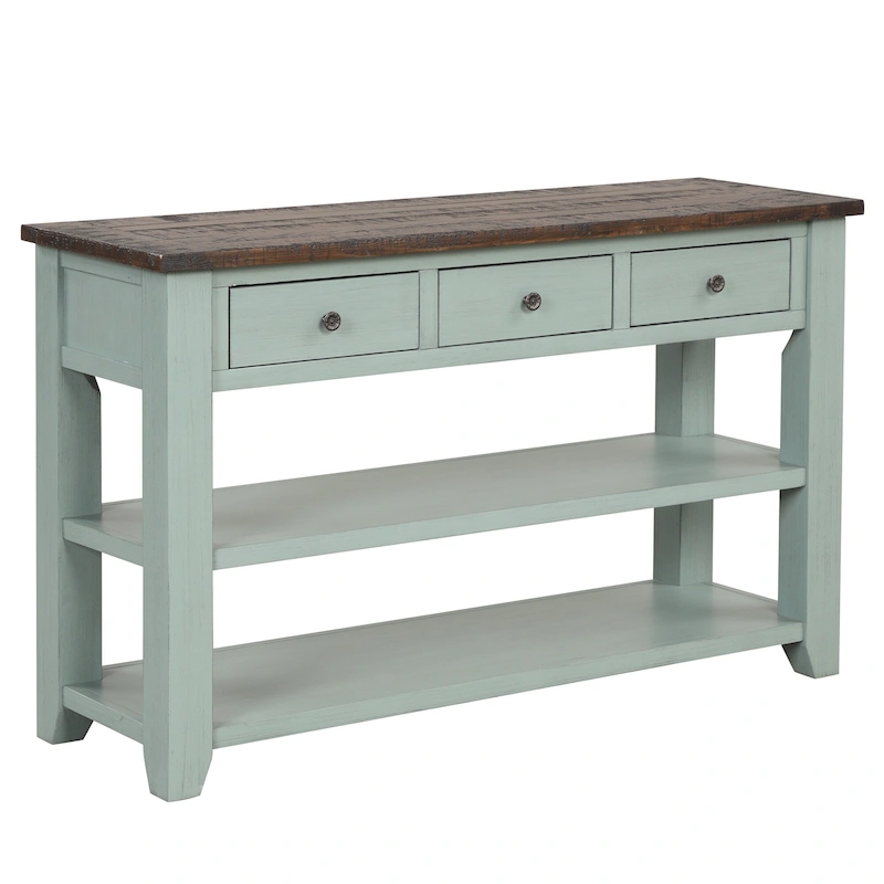 Modern Solid Pine Wood Top Console Table with 3 Drawers and 2 Shelves
