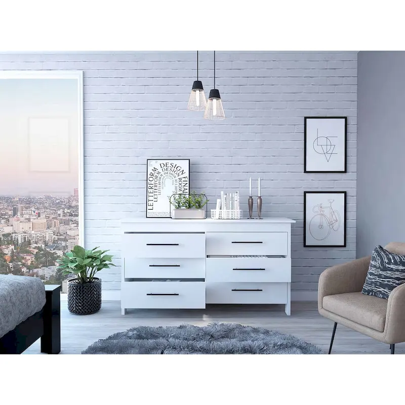6 Drawer Double Dresser with Roller Guides, Metal Pulls and 4 Legs