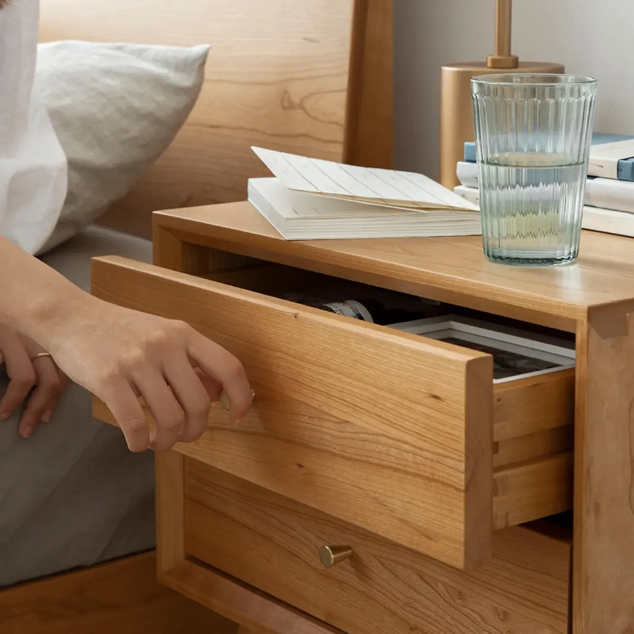 Scandinavian Narrow Cherry Wood Nightstand with Drawers