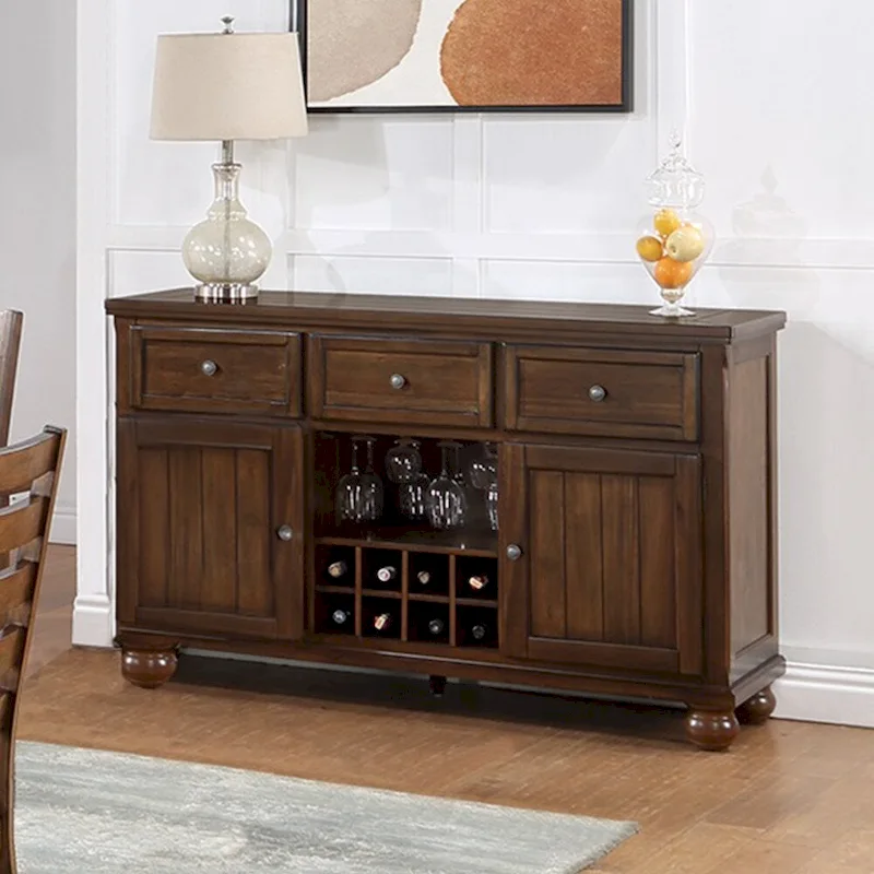 Walnut Wood Dining Server with 3 Drawers, 2 Doors & Wine Storage – Single
