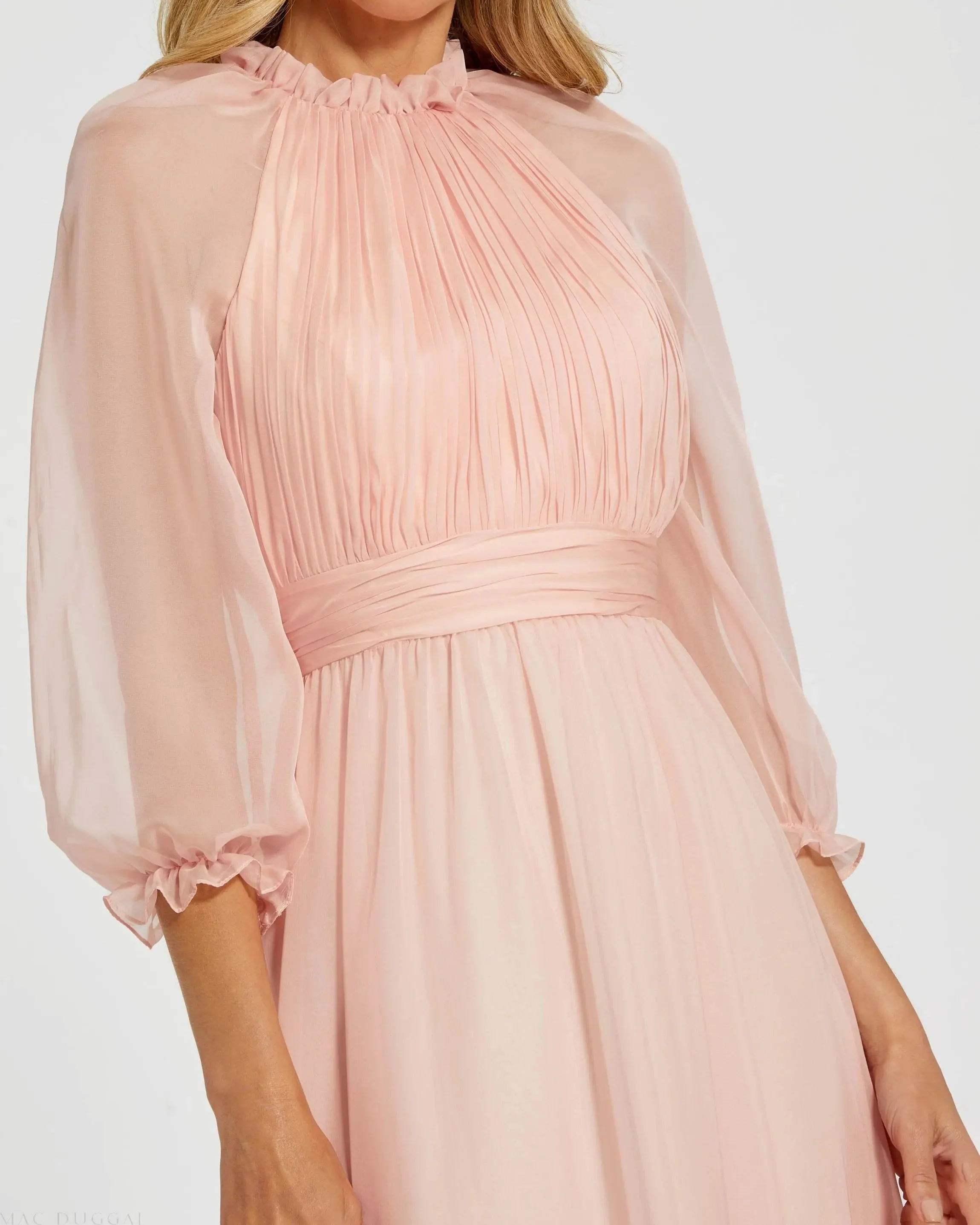 Pink Chiffon Ruched Illusion Raglan Sleeve Ruffled Gown