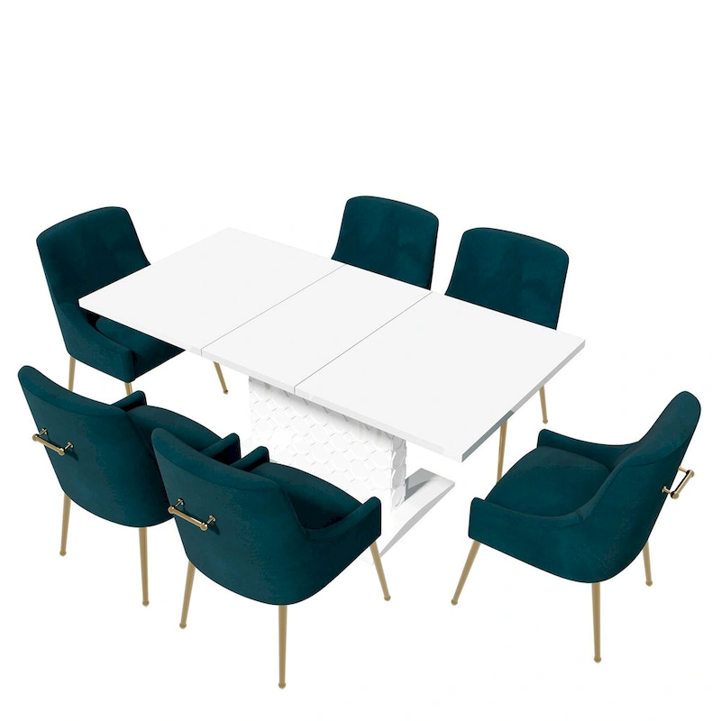 7-Piece Clihome High-gloss Extendable Table Velvet Chair Dining Set