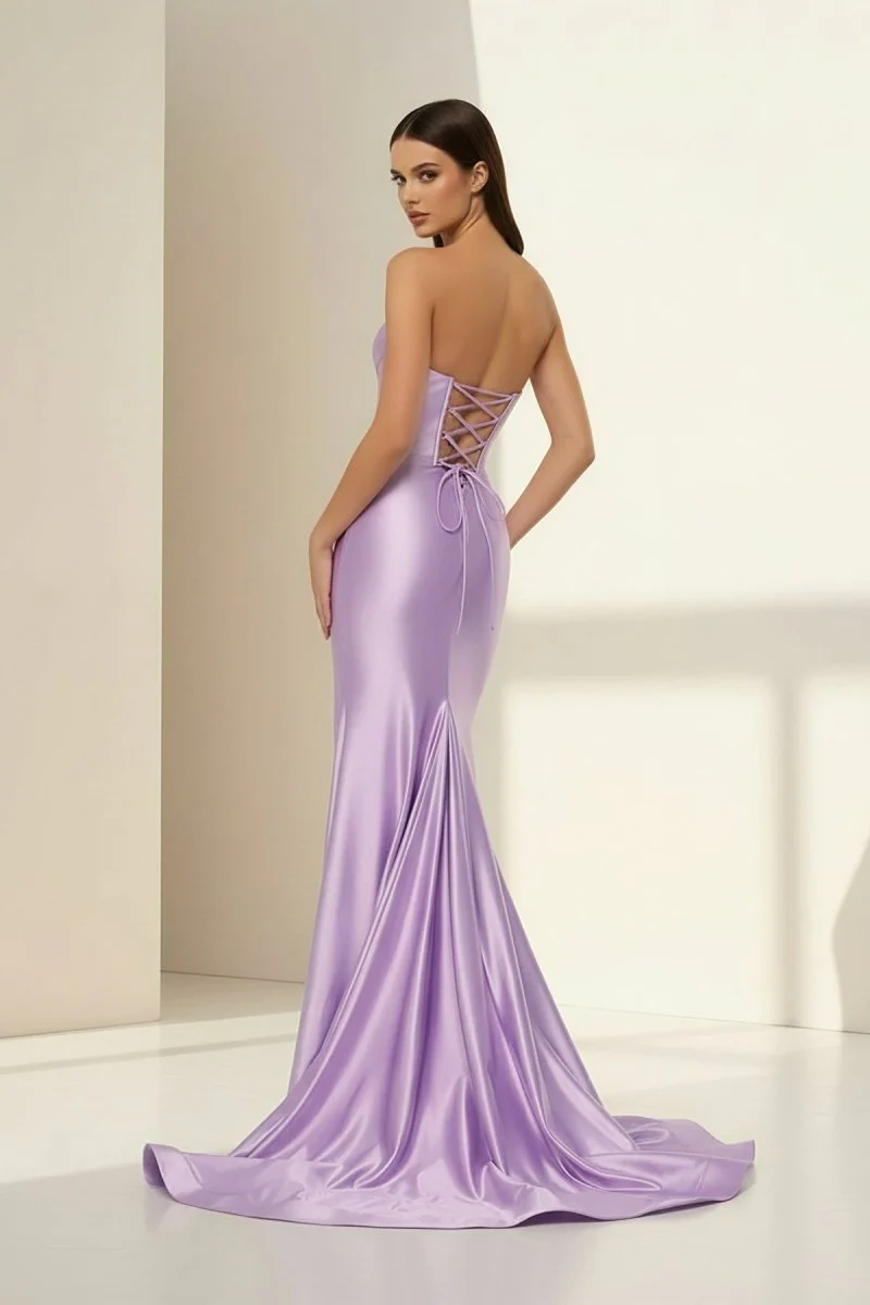 Lavender Strapless Mermaid Satin Pleated Long Formal Prom Dresses With Slit