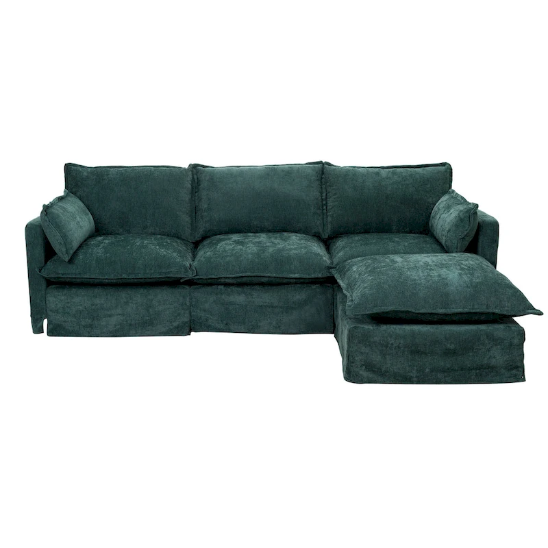 93.31 Faux Linen Modular Sectional Sofa with Ottoman, Wood Frame