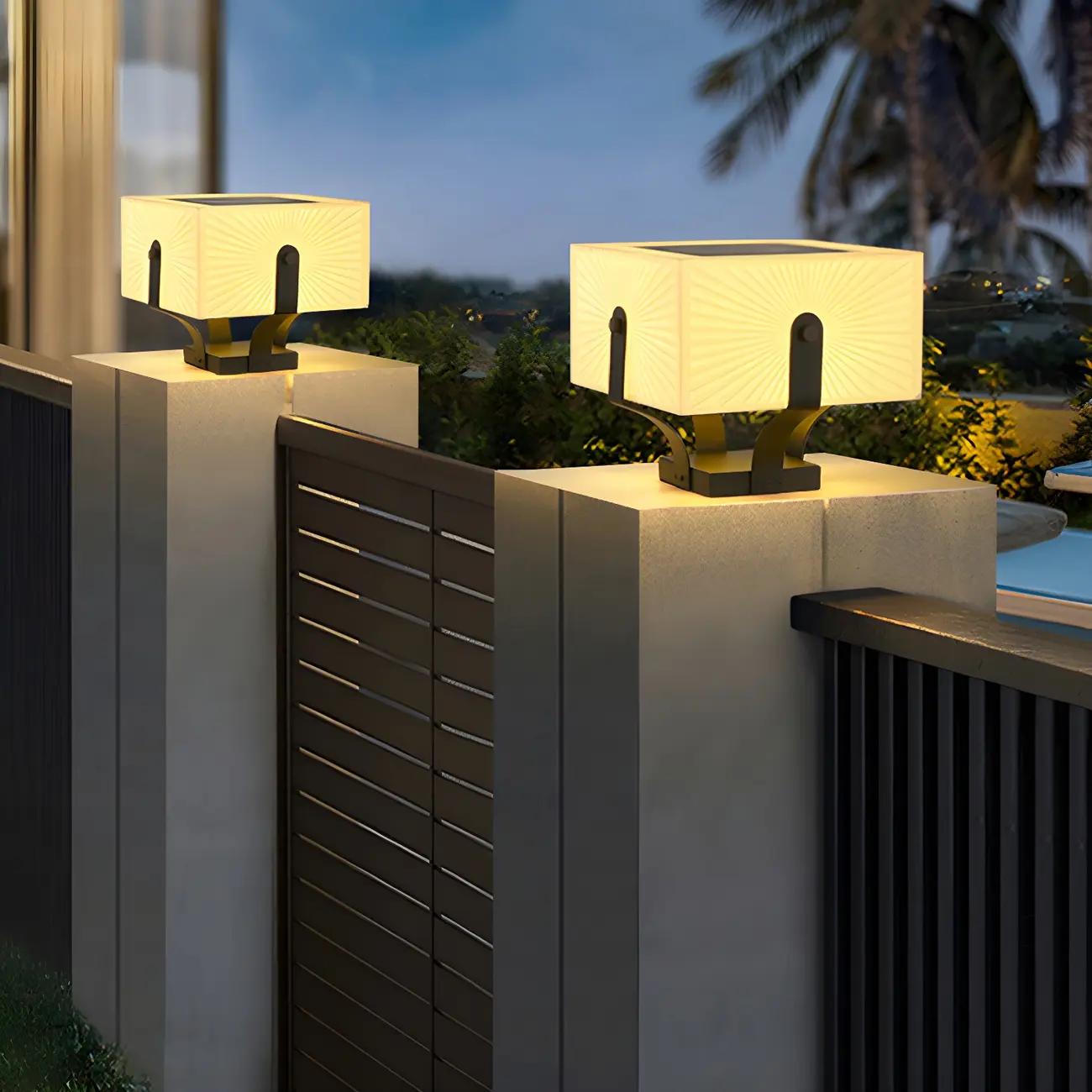 Black Elegant Bracket Post Cap Light with Beige Cubic Shade