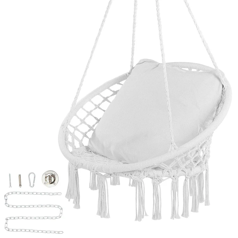 Hanging Hammock Swing Chair, Macram Hanging Chair with Cushion and Mounting Hardware, Cotton Rope Swing Chair