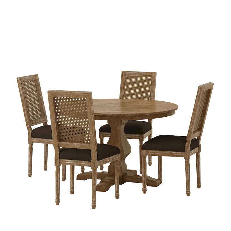 Wood and Cane Upholstered 5-Piece Circular Dining Table and Chairs