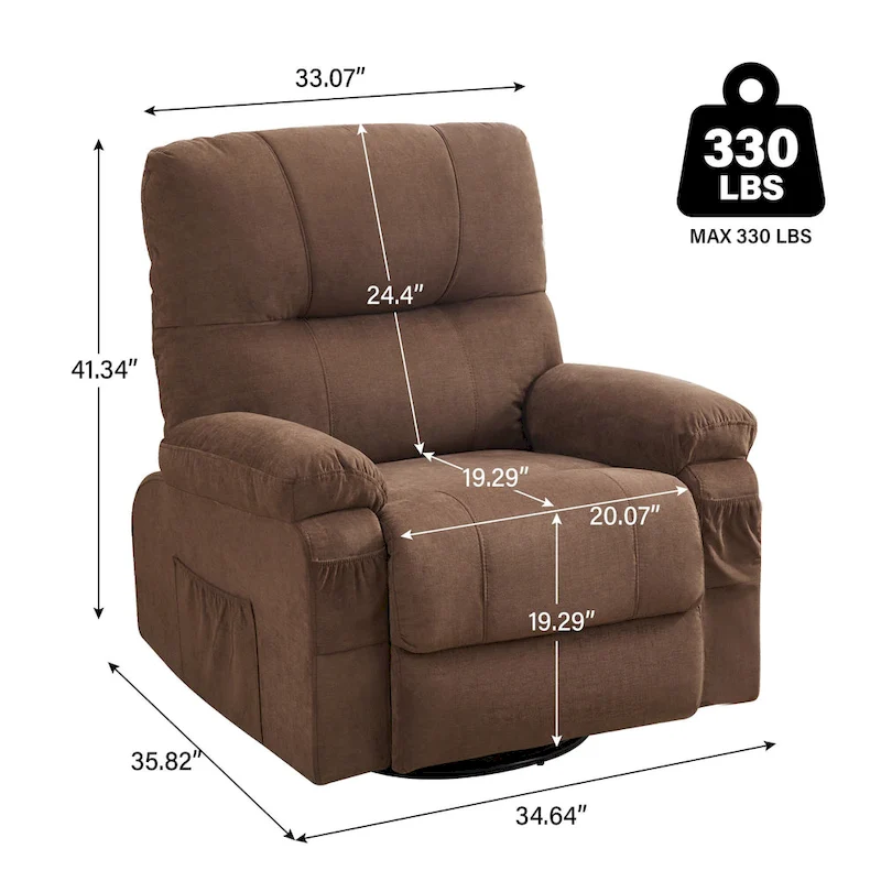 360 Swivel Manual Recliner Single Sofa Chair Fabric Lounge Chair with Pull Out Footrest and Side Pockets
