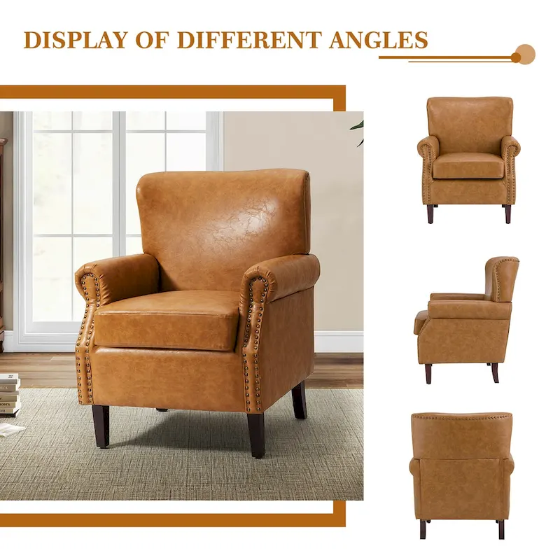 Vegan Leather Rolled Arm Accent Chair, Brown/Ivory, Set of 2