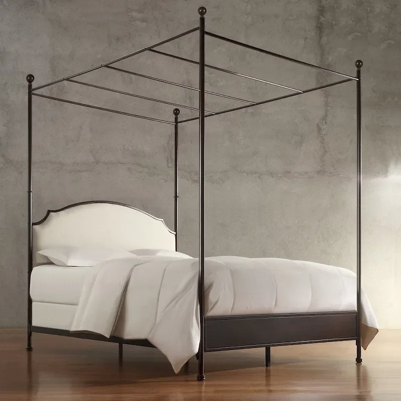 Cream Linen Transitional Canopy Poster Bed, Cherry Brown Frame (Twin/Full/Queen/King)
