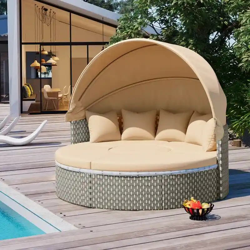 Round Patio Sectional Sofa Set  Two-Tone Rattan Daybed with Retractable Canopy & Modular Seating