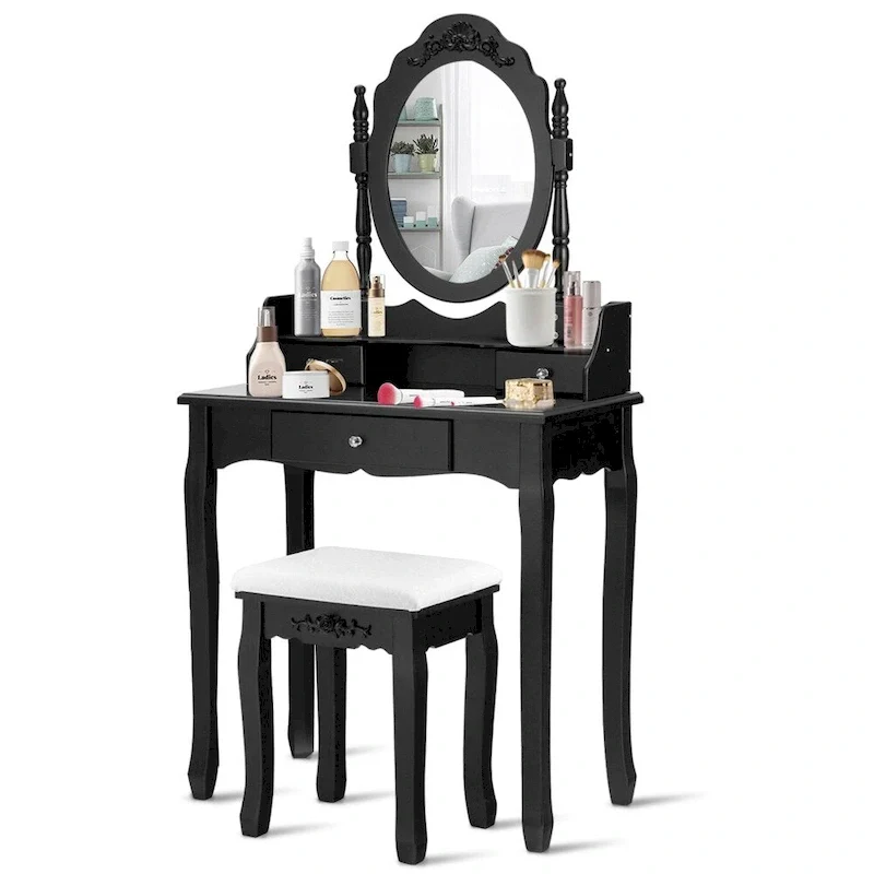 Mirrored Makeup Vanity Dressing Table & Stool Set | Wood Frame, Black or White