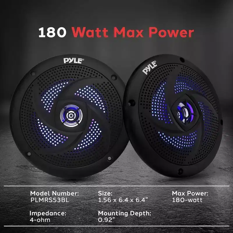 Pyle 5.25 Marine Waterproof Speakers with LED Lights - Blue, 180W, Pair