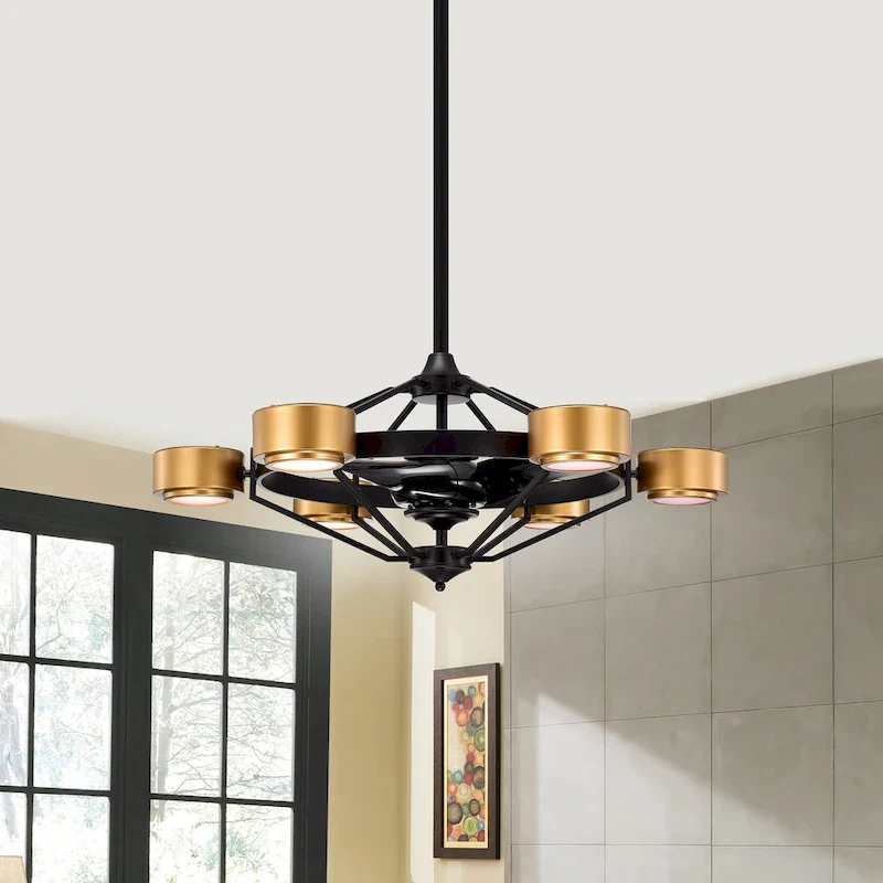 Larissa Matte Ceiling Fan Black+Gold 37-Inch 6-Light Open Metal Cage (Includes Remote)