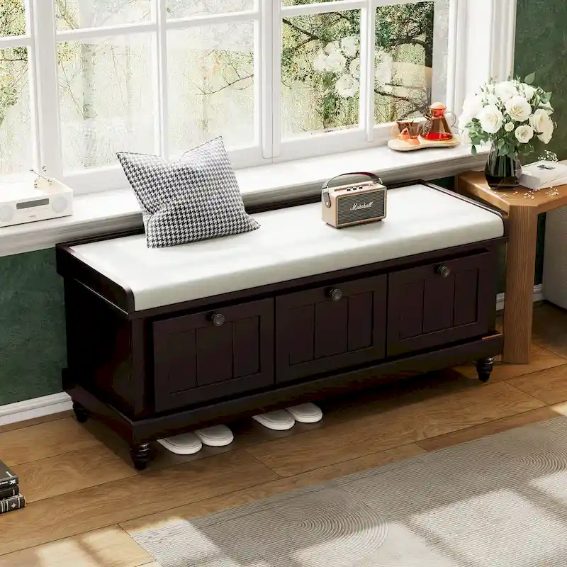 Classic Fluted Shoe Bench with Cushion & 3 Drawers
