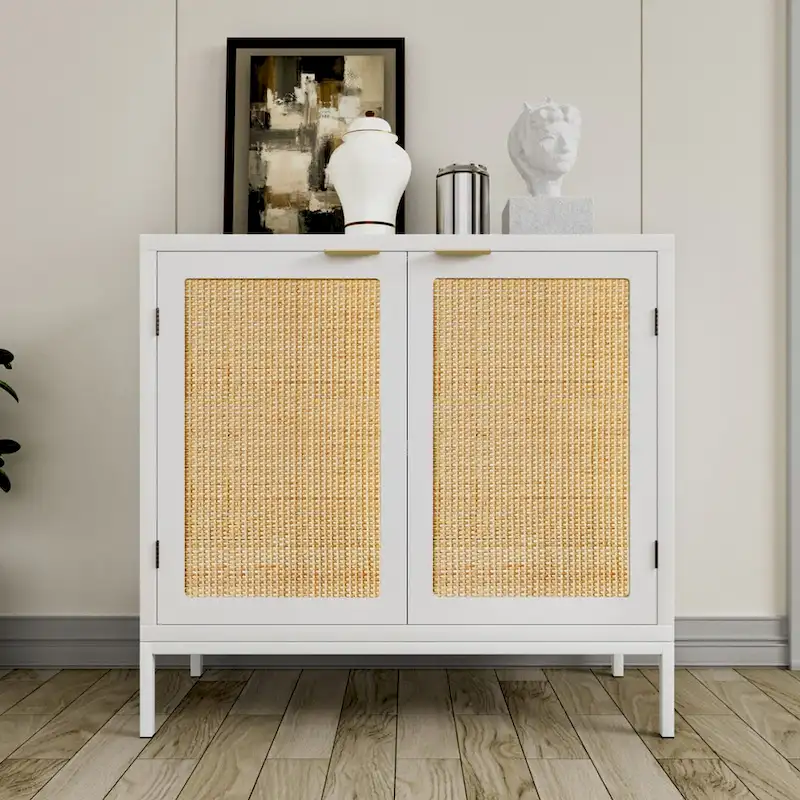 White Wood & Rattan Sideboard Buffet Cabinet with Adjustable Shelf – 31.5x13.8x29.7 in