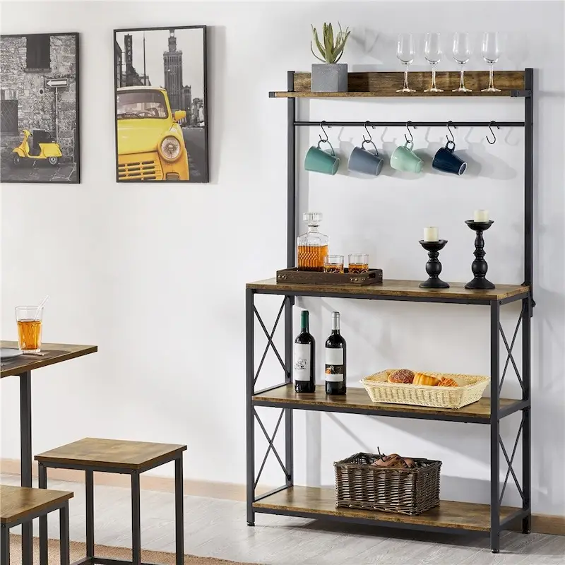 Rustic Brown / Grey Industrial 4-Tier Kitchen Baker's Rack with Hooks