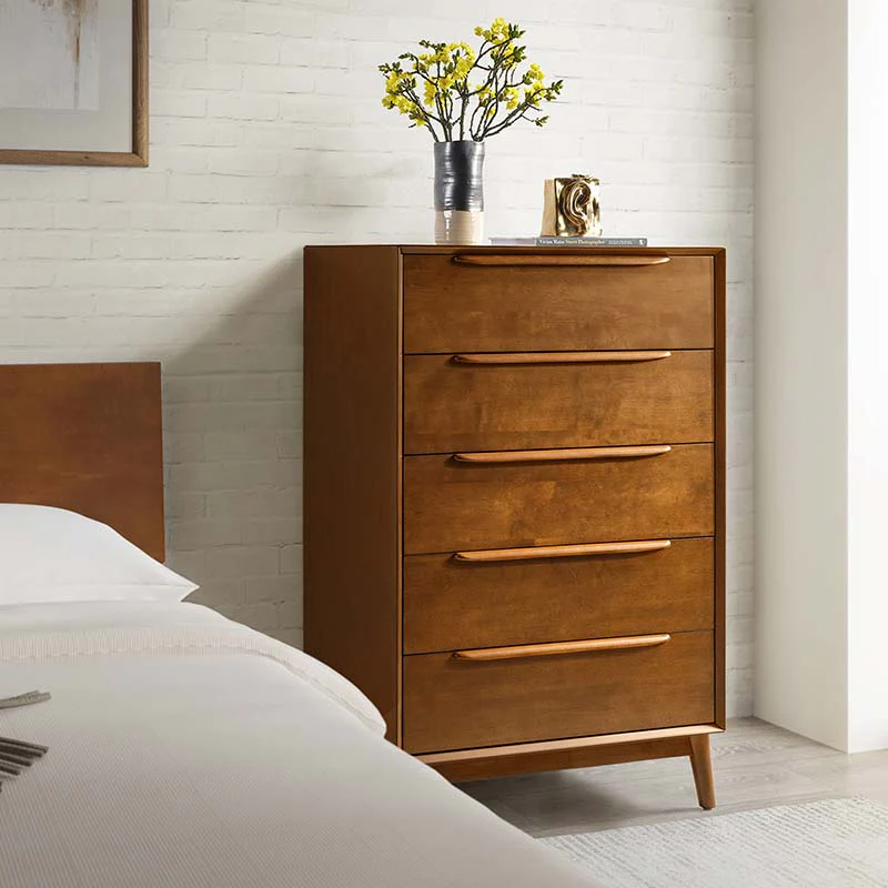5-Drawer Chest Dresser with Solid Wood Handles, Rubberwood Legs & Top Drawer Dividers | Acorn / Walnut | Single