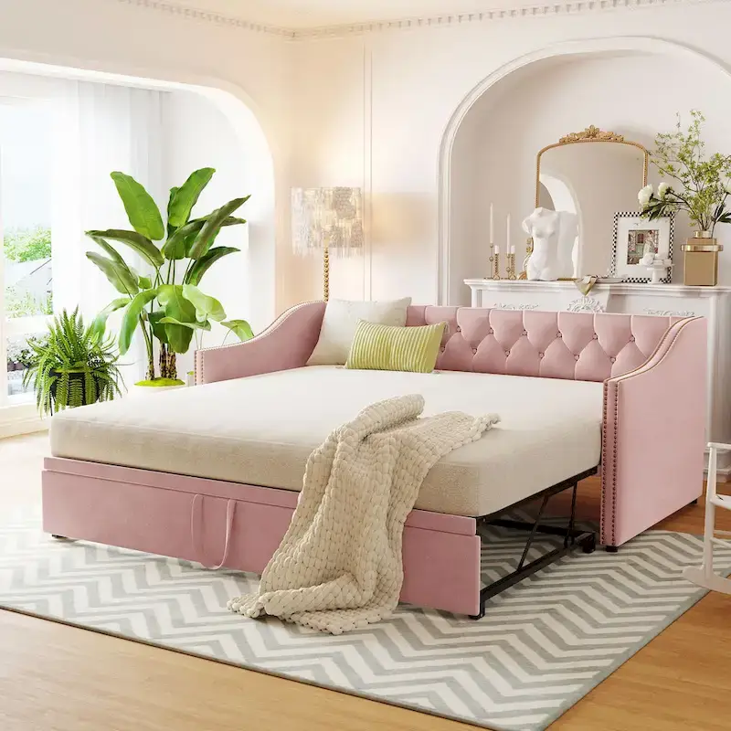 Upholstered Daybed with Pop-Up Trundle - Grey/Pink/Beige, Twin