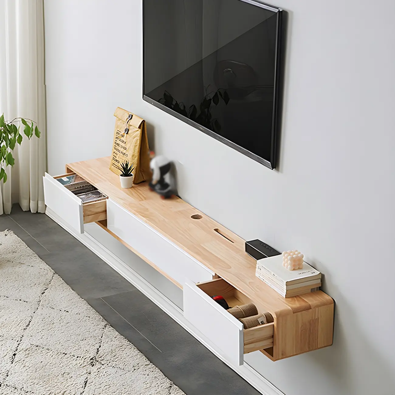 Rectangular Wall-Mounted Wood Drawers TV Stand White