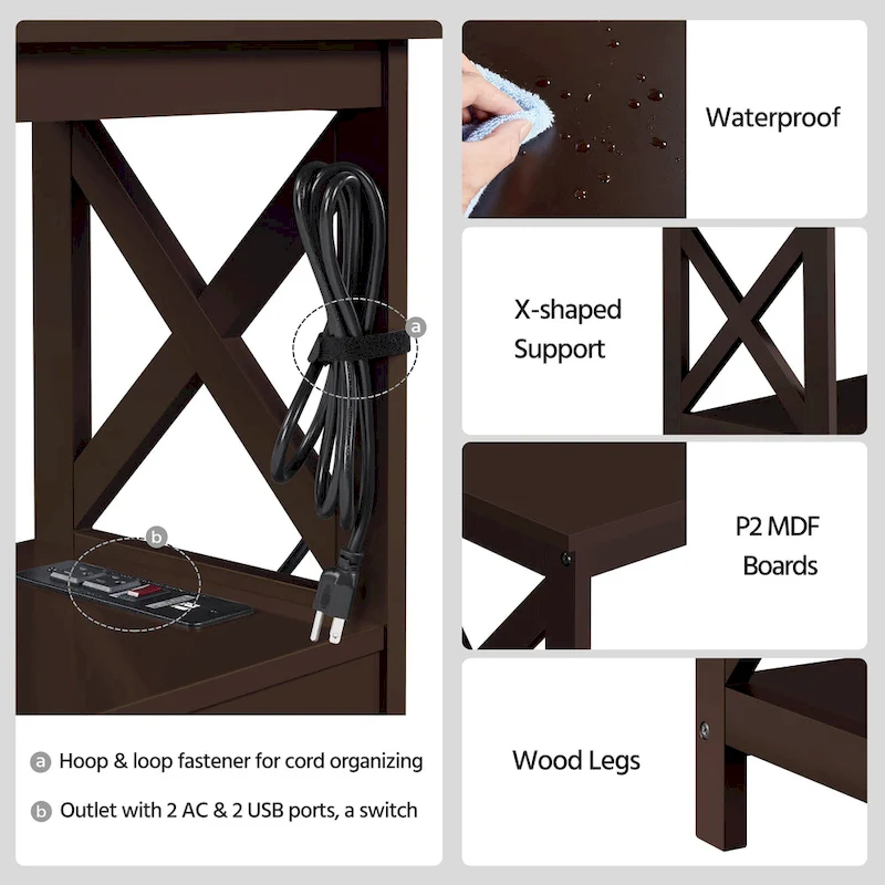 Yaheetech 3-Tier Wooden Console Table with Power Outlet Sofa Side Table