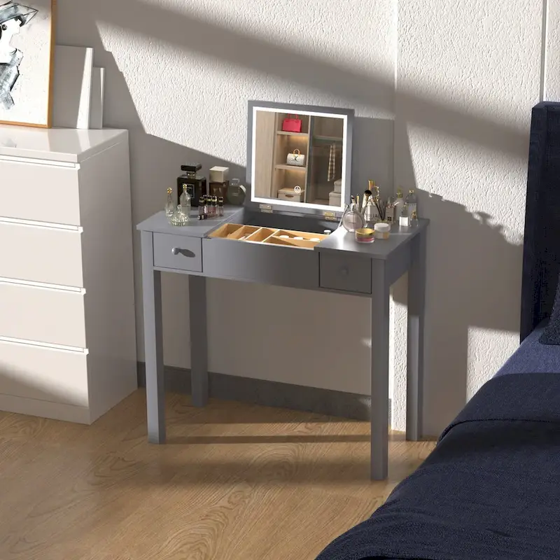 Vanity Table, Flip-Top LED Mirror, 2 Drawers, Removable Lattice Organizer, MDF, Grey, 1-Person Use
