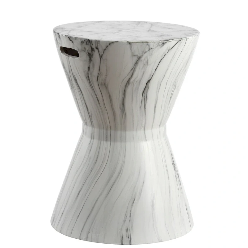 African Drum 17.3  White Marble Finish Ceramic Garden Stool by