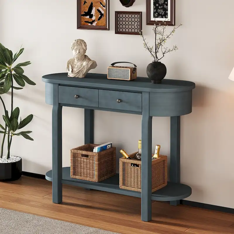 Navy / Antique White / Turquoise Green / Espresso / Gray, Vintage Glossy Console Table with 2 Drawers, for 1
