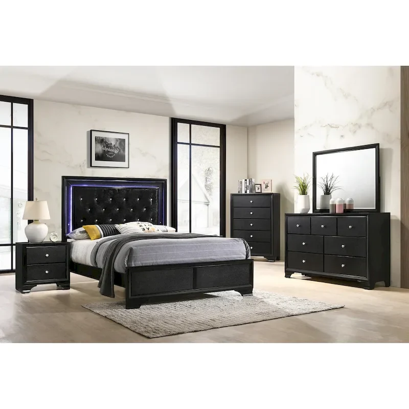 Nathalie 4 Piece Black LED Fabric Upholstered Tufted Panel Bedroom Set