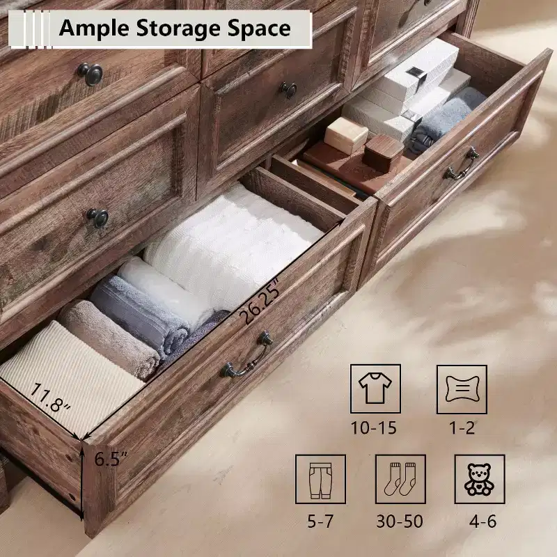 Sincido 8 Drawers Dresser for Bedroom, Farmhouse 61 Wide Tall Dressers w/Roman Column