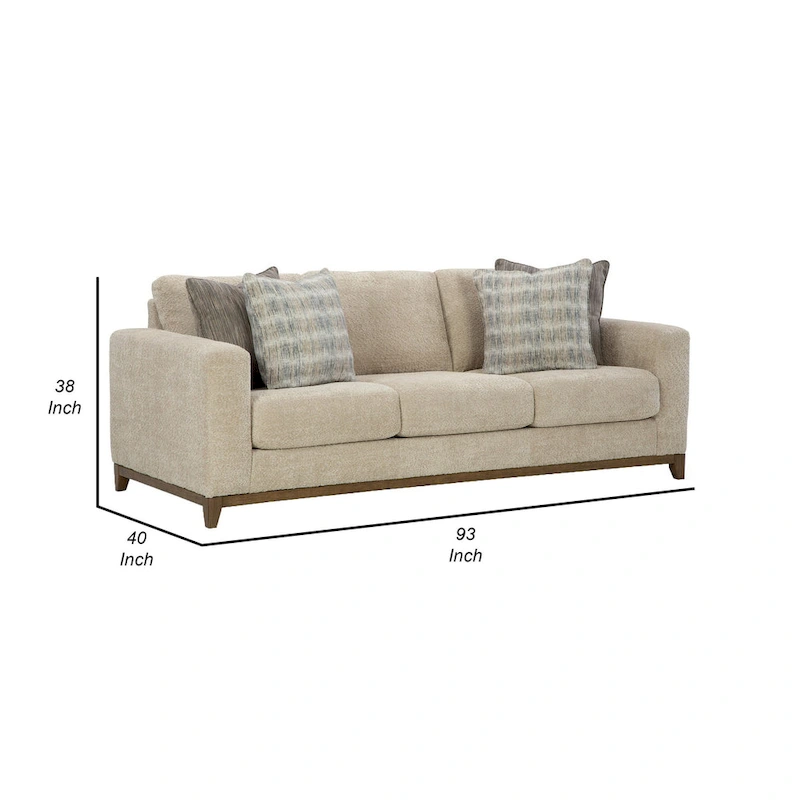Klyn 93 Inch Sofa, 4 Accent Pillows, Faux Wood Feet, Beige Polyester