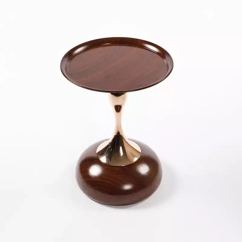 VIYET 21 Mermaid Tail Round End Table, Art Deco Metal Pedestal Accent Table, Minimalist Tray-Style Side Table for Small Spaces (Walnut Brown)
