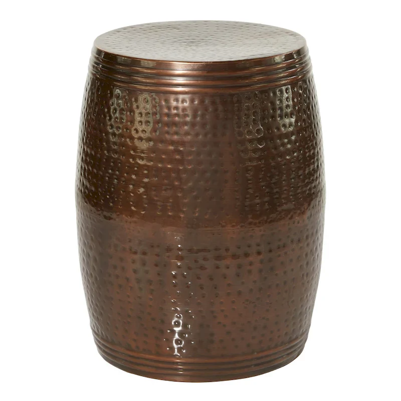 Metal Handmade Drum Shaped Accent Table with Hammered Design - Brown, Silver, Copper, Gold