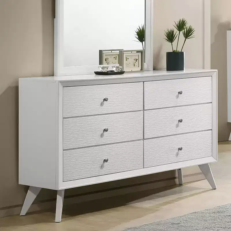 miBasics Sunflare Modern 6 Drawer Wood Dresser White: Mid-Century Style, Spot Clean, Tapered Legs