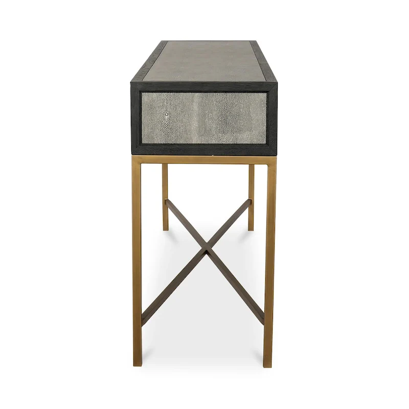 Macari Miki Art Deco Solid Wood AndVegan Leather Shagreen With Brass Accents Console Table - 59W x 16D x 32.3H