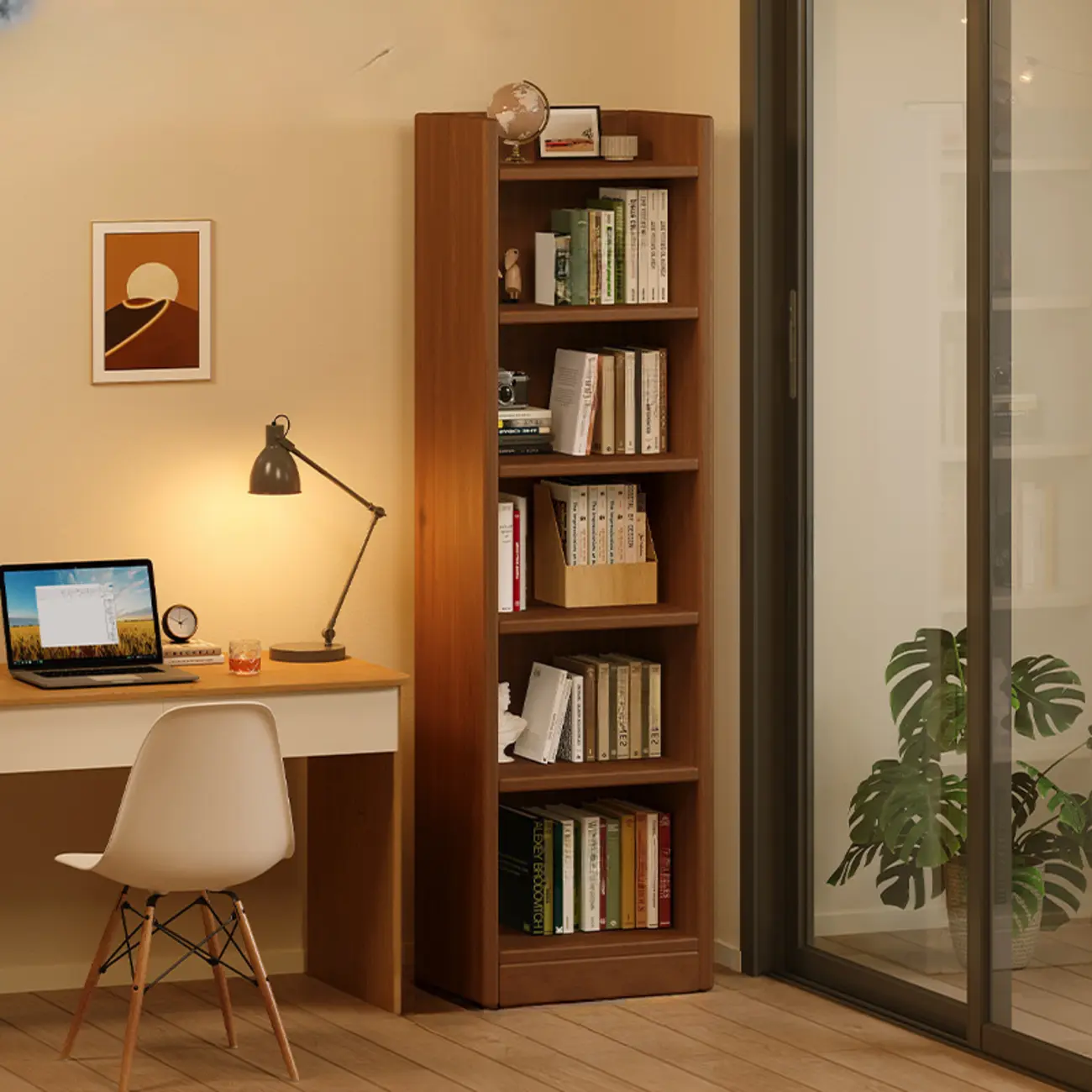 Rectangular Classic Nut-Brown Premium Wood 7-Shelf Bookcase