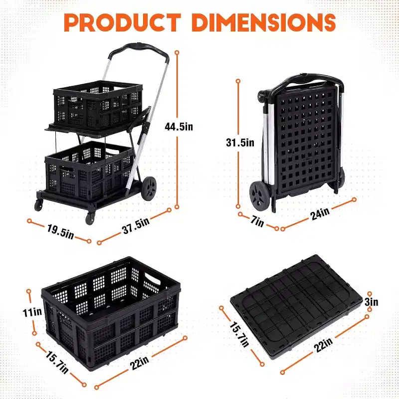 Two Layers Folding Shopping Carts,Multi Use Collapsible Carts with 360 Rolling Swivel Wheels Shopping Cart with Storage Crate for Groceries, Warehouse