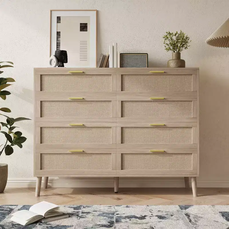 8-Drawer Rattan Dresser Chest,Mid-Century Modern Storage Cabinet with Handles, Large Tabletop for Bedroom, Living Room, Hallway Organization